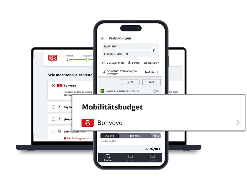 Bonvoyo als integrierte Zahlart mit Darstellung Notebook auf bahn.de und Smartphone in der DB Navigator App