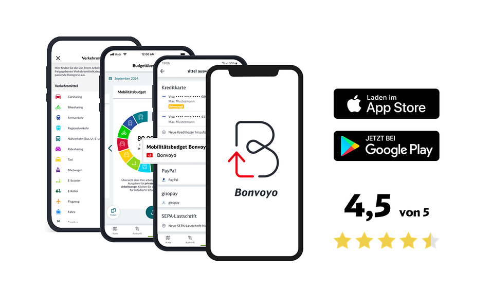 Bonvoyo App - verschiedene Screens und daneben Button von Google & Apple App Store zum Erhalt der App