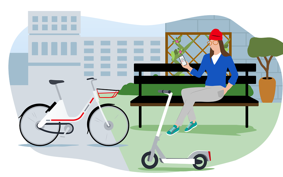 Nachhaltigkeitsmanagerin mit Smartphone auf einer Bank im urban Garden und neben ihr Scooter, Fahrrad und Pflanzen