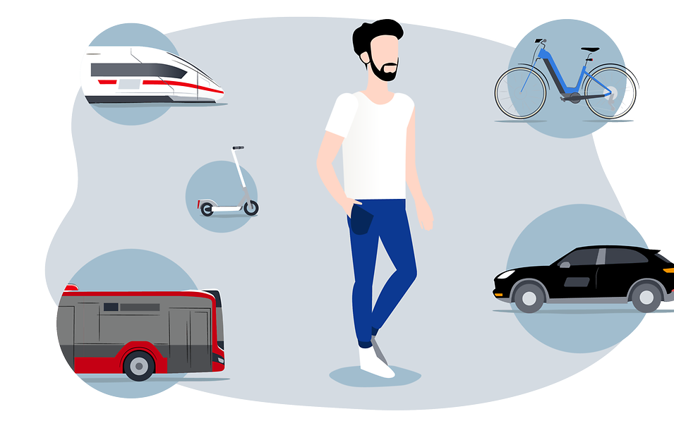 Mobilitätsmanager mit umherfliegenden Blasen mit Verkehrsmitteln zur Auswahl (Fahrrad, Scooter, Bus, ICE, Mietwagen)