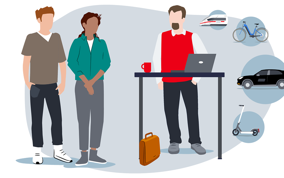 Betriebsrat stehend am Tisch mit Noetebook zur Beratung von zwei Mitarbeitern (Mann & Frau) und Mobilitätsangeboten