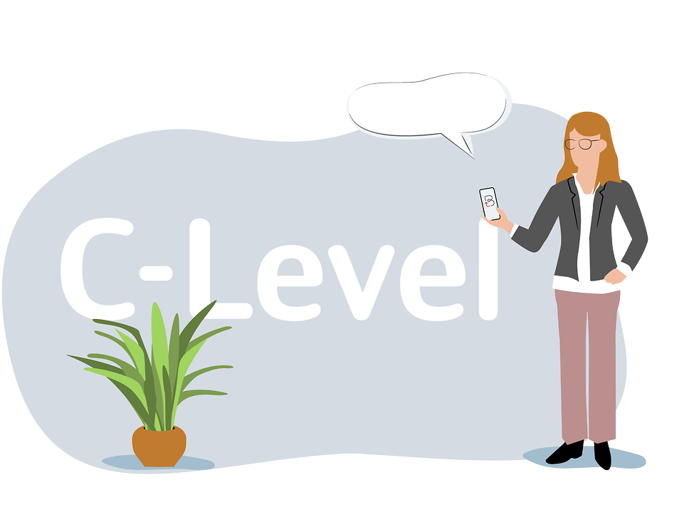 Frau mit Sprechblase steht neben Schriftzug "C-Level"