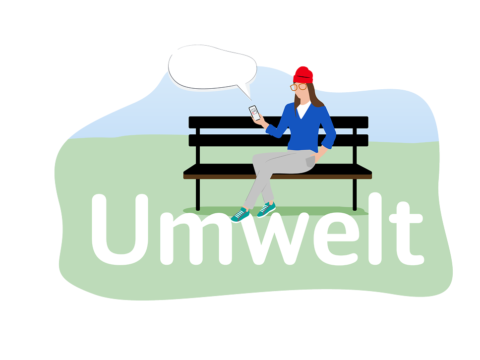 Frau mit Sprechblase sitzt auf der Bank neben Schriftzug "Umwelt"