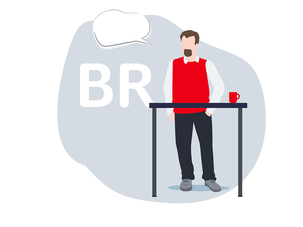 Mann mit Sprechblase steht neben Schriftzug "BR"