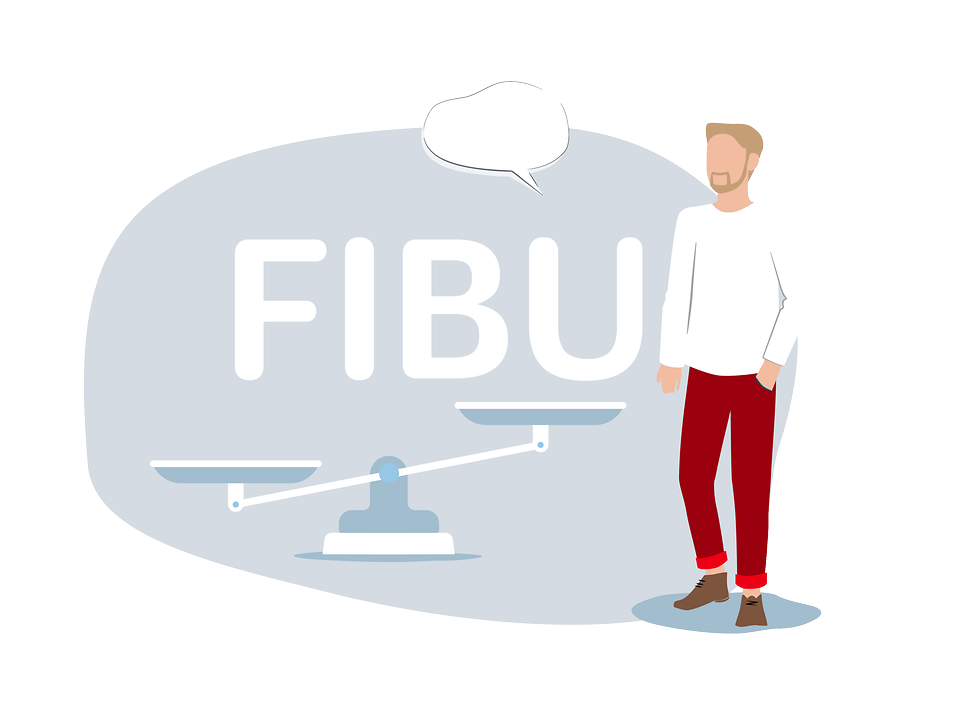 Mann mit Sprechblase steht neben Schriftzug "FIBU"