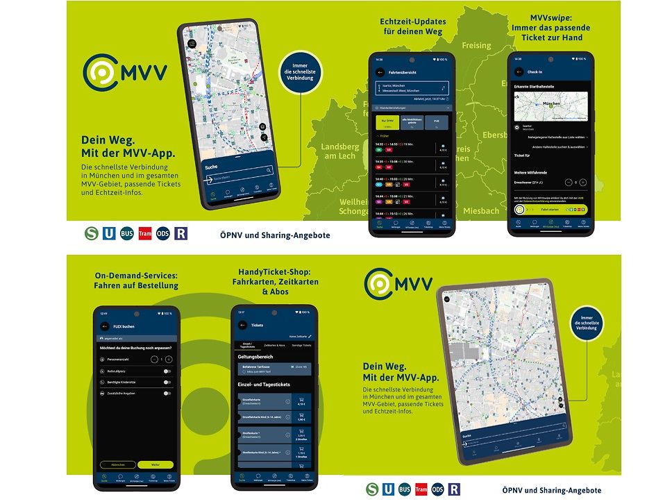 MVV App mit vielen Screen zu Funktionen der Mobilitäts-App für Münschen und Region